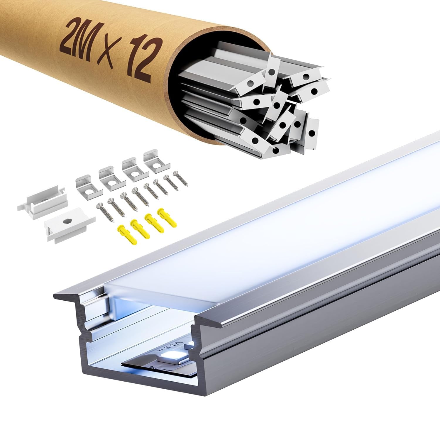 Profile alu pour Ruban LED 2m x12 pcs, Profilé LED Encastrable avec Diffuseur de lumière en PC, Goulotte LED Embouts Éclairage Indirect Plafond