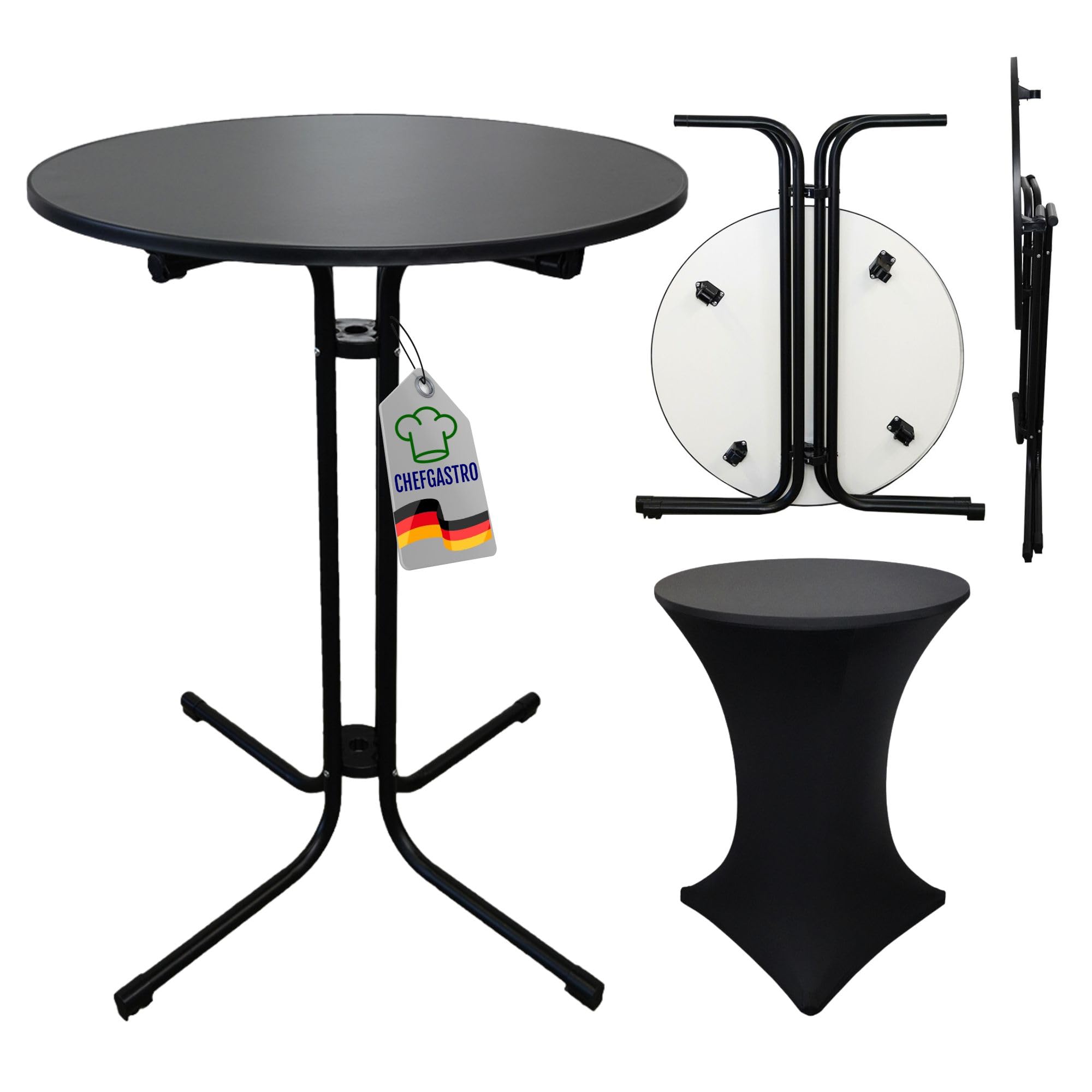 CHEFGASTRO Stehtisch mit Husse klappbar rund 80cm Höhe 110cm Bistrotisch In- & Outdoor Metall, MDF-Platte mit Edelstahlbeschichtung Schwarz Gastro wetterfest Partytisch Klapptisch Gartentisch