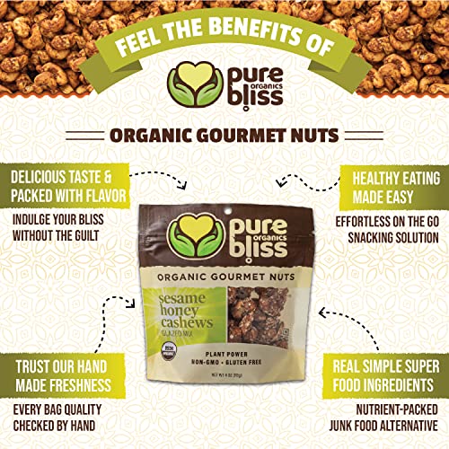 Pure Bliss Organic Mixed Nuts - Sesame Honey Cashew Nuts Mix Organic Gluten-Free, Non-Gmo, Paleo, Healthy Nut Snacks, Glazed Nuts - Honey Roasted Cashews, No Peanuts Gourmet Nuts Value Pack (3 X 4Oz Resealable Bags) #TOP1