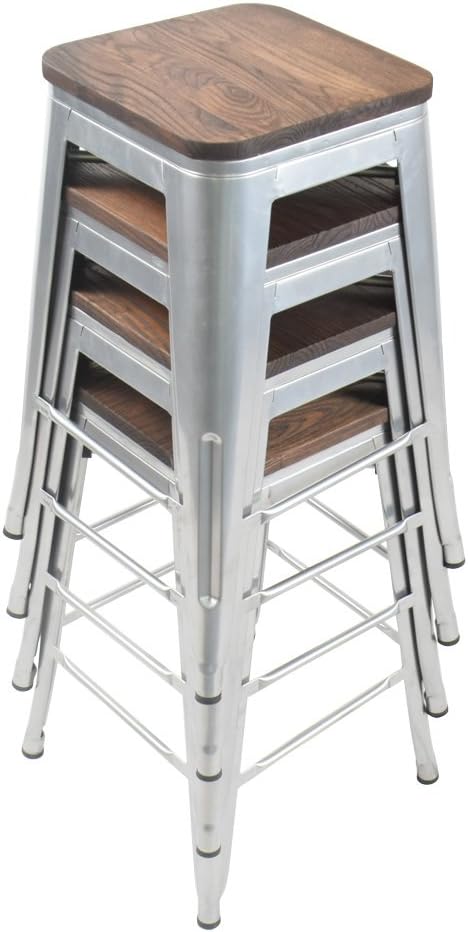 HAOBO Home 24" Backless Metal Counter Stool Height Bar Stools [Set of 4] Barstools with Wooden Seat, Silver