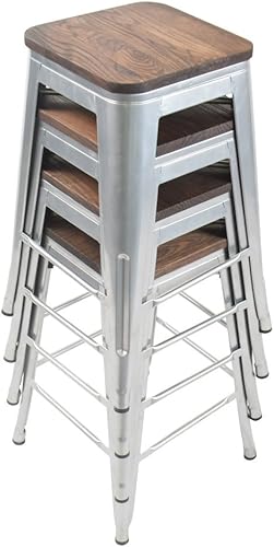 Miniatura 6 de [Juego de 4] Taburete metálico apilable industrial moderno para interior/exterior 17 pulgadas, Metal Plata sin espalda con madera,Sin espalda negro
