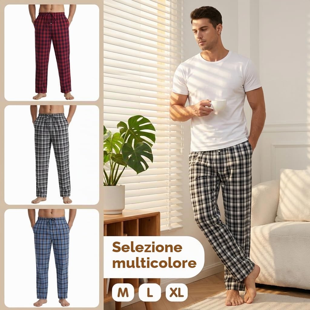 YUSHOW Pantaloni Pigiama Uomo Cotone a Quadretti Comodo Pantaloni da Notte Lunghi con Tasche Coulisse per Casa Pacco da 2