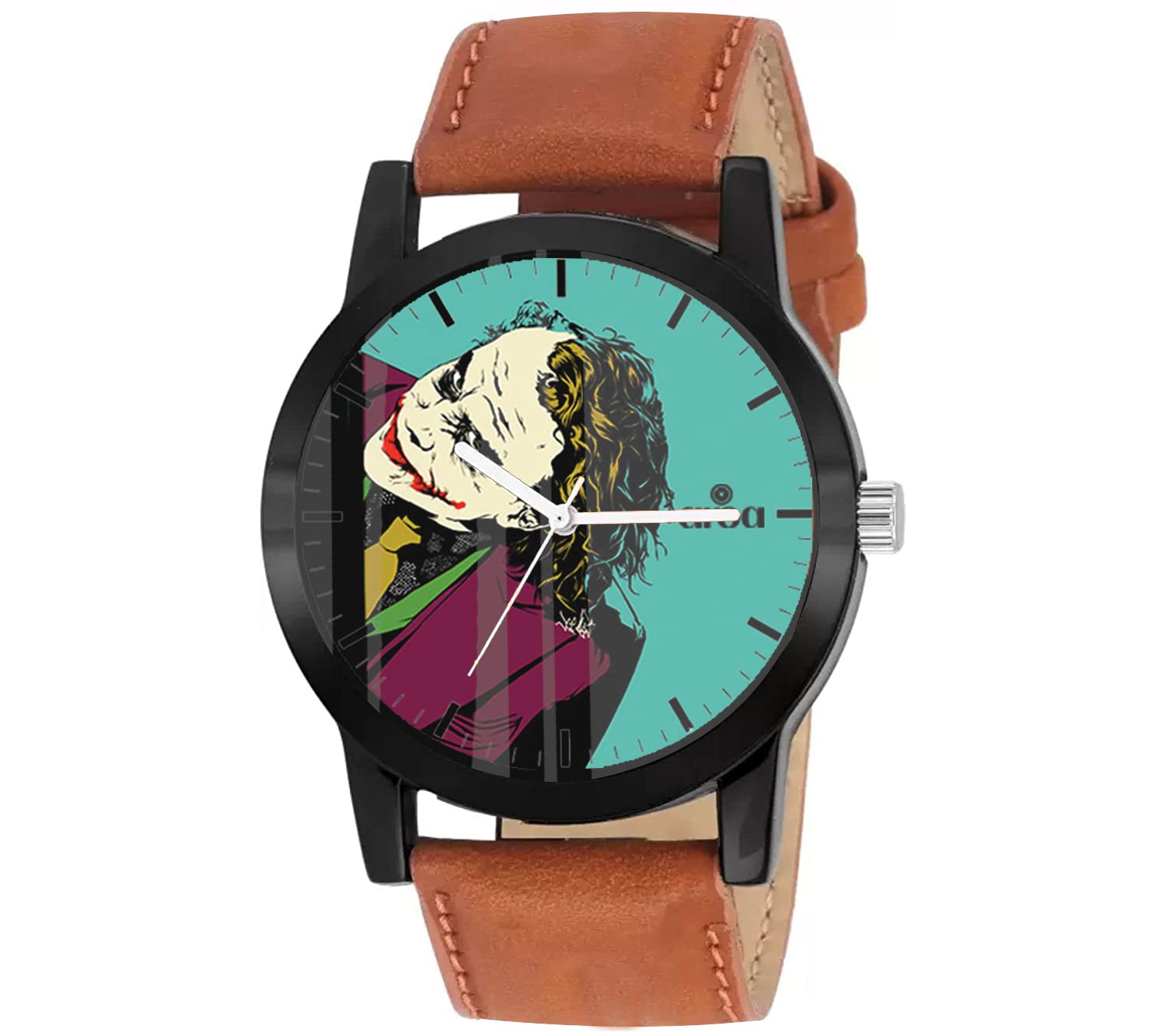 GenericAroa Watch New Watch for Men Heath Ledger The Joker Design Black Metal Type Analog Watch Brown Leather Strap Blue Dial for Men Stylish Watch for Boys