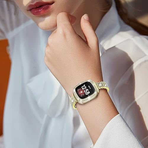 Vista 60 de Correa brillante y funda compatible con Fitbit Versa 4/Fitbit Sense 2 para mujer, pulsera de metal de acero inoxidable de repuesto para Fibit Sense
