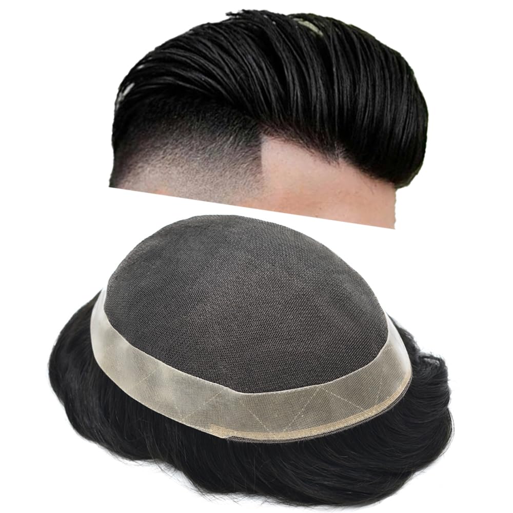 Toupee for Men Human Hair Pieces Mens Toupee Human Hair Replacement System Lace PU Hair Units Wigs for Men 6''X9'' #1 Jet Black 120% Medium Light to Medium Dens