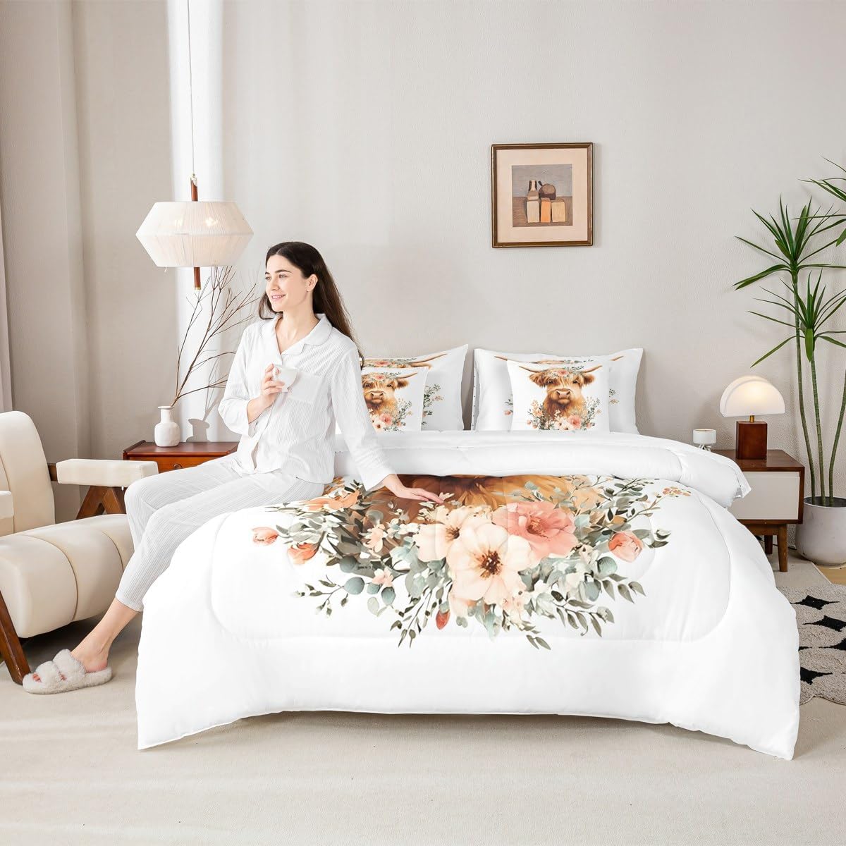Erosebridal Cartoon Longhorn Bull Queen Comforter Set with Sheets 7 Piece Highland Cow Bed in A Bag Floral Highland Cattle Bedding Sets for Kids Adults,Cute Farm Animal Bed Set