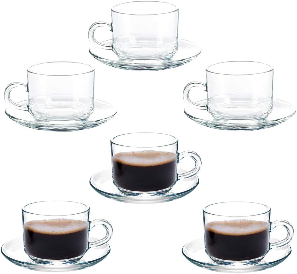Coffee Cup Glass Teacup, Cappuccino Cups, Coffee Cups, Clear and Lightweight Glass Tea and Coffee Cup with Saucer(Set of 6) Gift Box