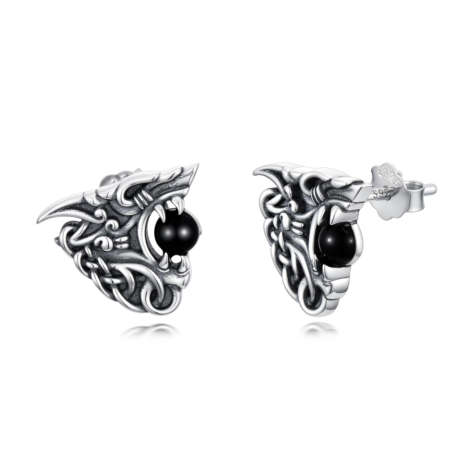 Pendientes de lobo vikingo para hombre, plata de ley 925, nudo celta del norte, aretes de lobo y ónix negro, joyería vikinga para hombres y mujeres