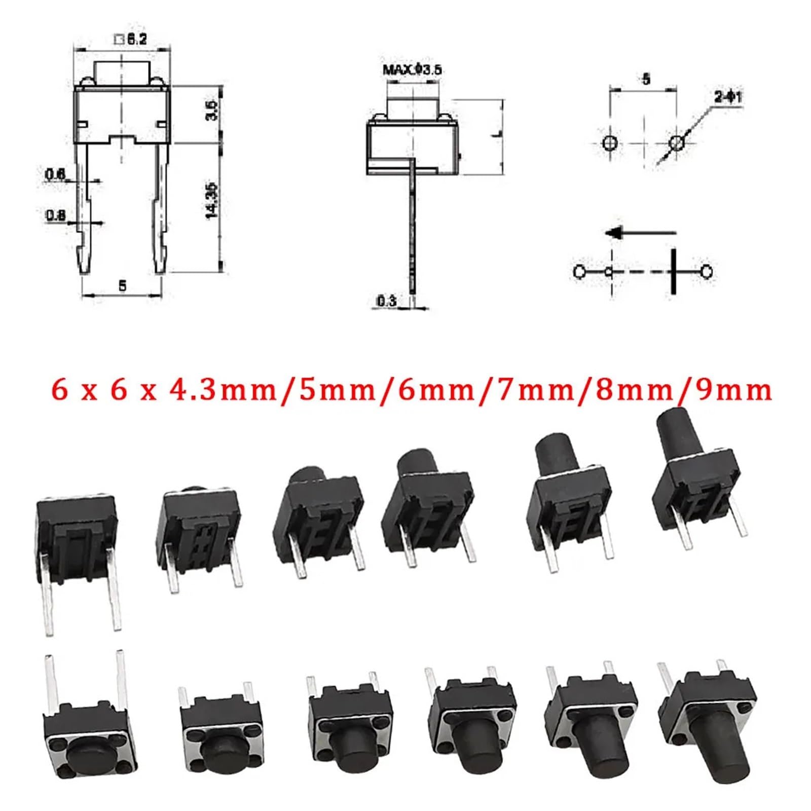100 Pz Micro Interruttore Tattile Momentaneo Tact DIP Switch Pin 6x6mm Micro Touch Interruttore di Pulsante Alto 5mm 6mm 7mm 8mm 9mm(6x6x4.3mm)