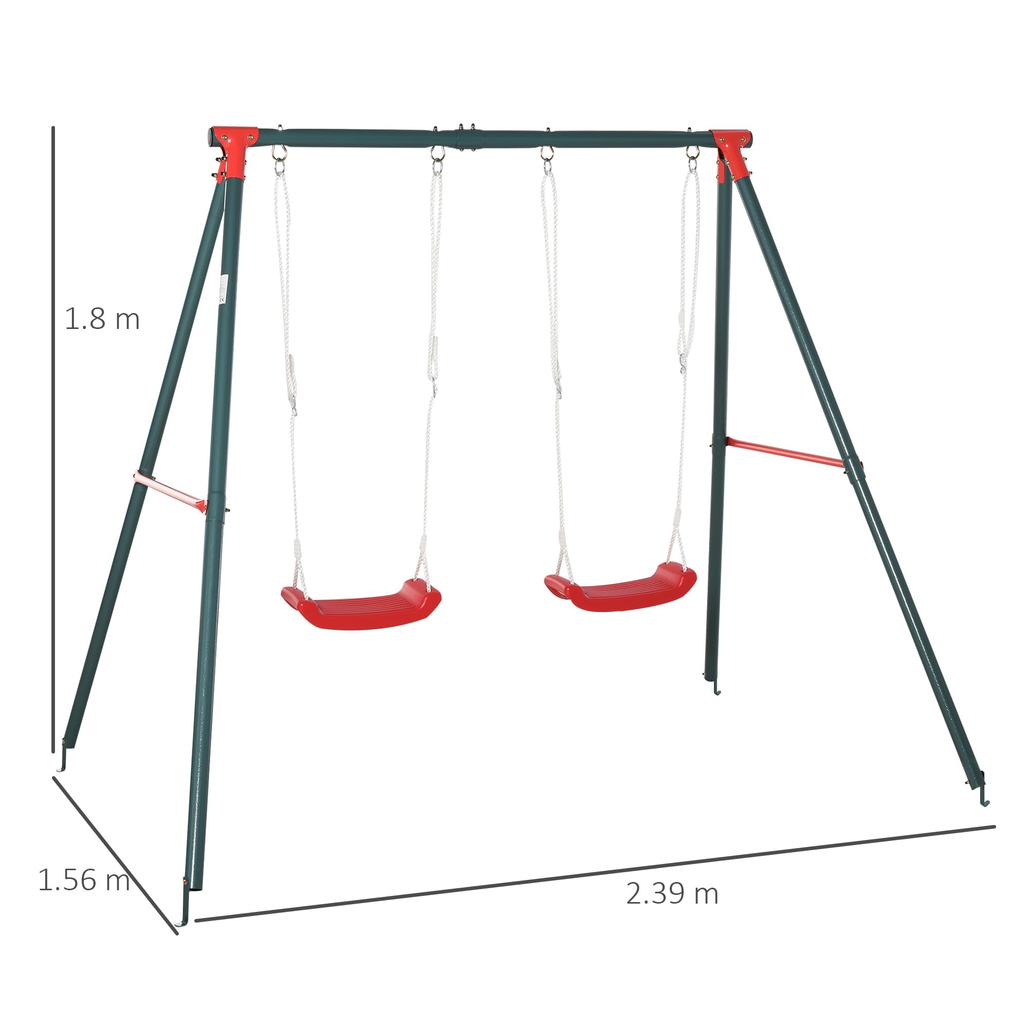 Outsunny Altalena Doppia per Bambini 3+ Anni con Struttura in Metallo, Corda Regolabile, Altalena da Giardino Gioco Esterno, Max 45 kg, 239x156x180 cm, Verde e Rosso