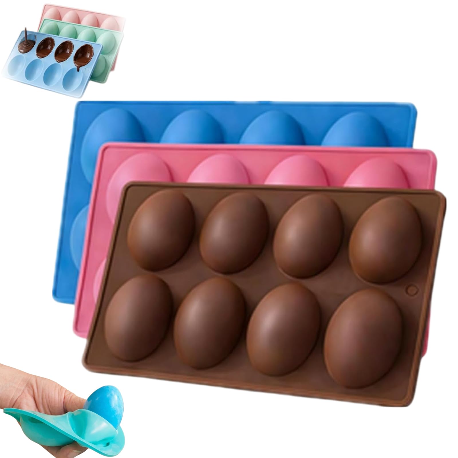 Moldes de silicona antiadherentes para huevos, paquete de 3 para hornear, pasteles, gelatina, helado, chocolate y dulces, moldes de postre con forma de huevo de Pascua de grado alimenticio