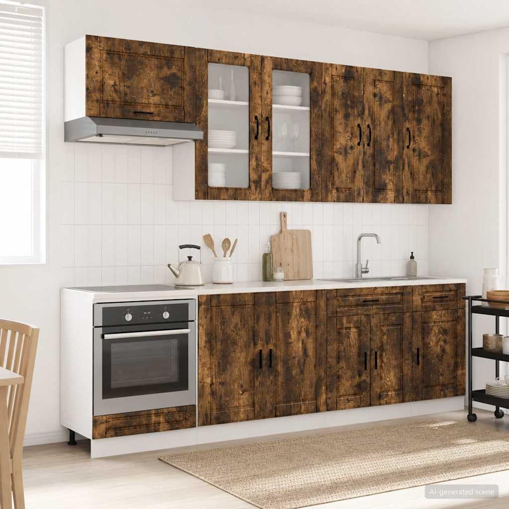 Porto Küchenzeile 8-teilig Moderne Einbauküche mit Unterschränken und Hängeschränken Küchenblock aus Holzwerkstoff für Stauraum Räuchereiche