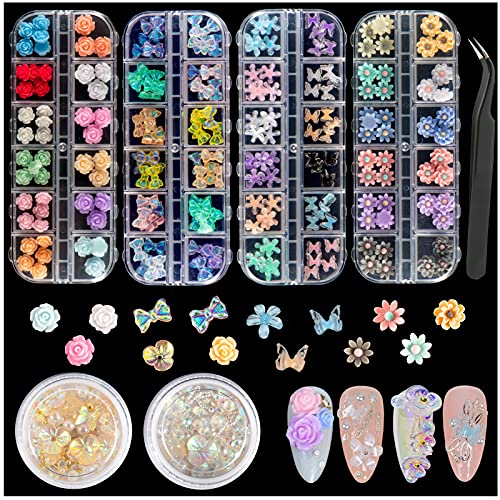 6 Boxes 3D Nail Art Decorations- Butterfly Nail Art Flower Flat Nail Design Crystal Aurora Nail Charms in 8 Styles Nail Jelly Rhinestone Nail Gems Nail Art Accessories for Nail Design Manicure Tips