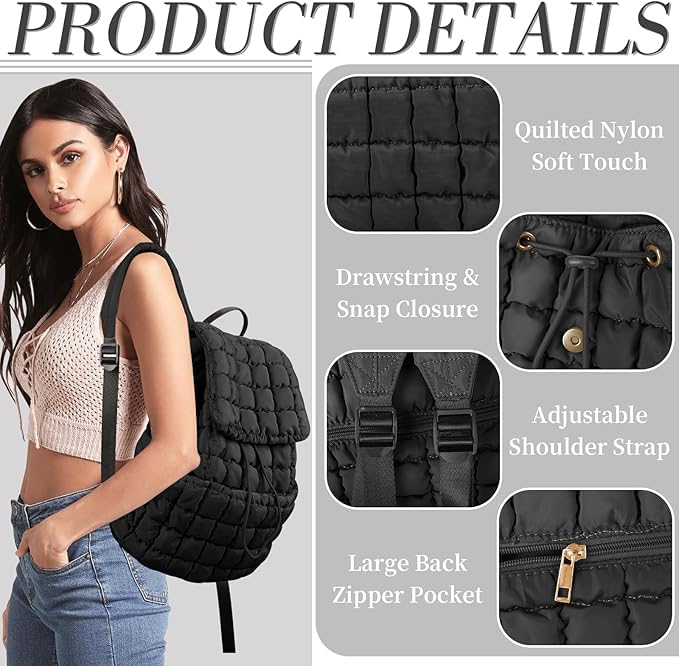 Image of MOCA Quilted Puffer Backpack for Women, Nylon Puffy Casual Girls Womens Backpack, Lightweight Hiking Gym Daypack Preppy Travel Bag with Adjustable Top Flap Drawstring