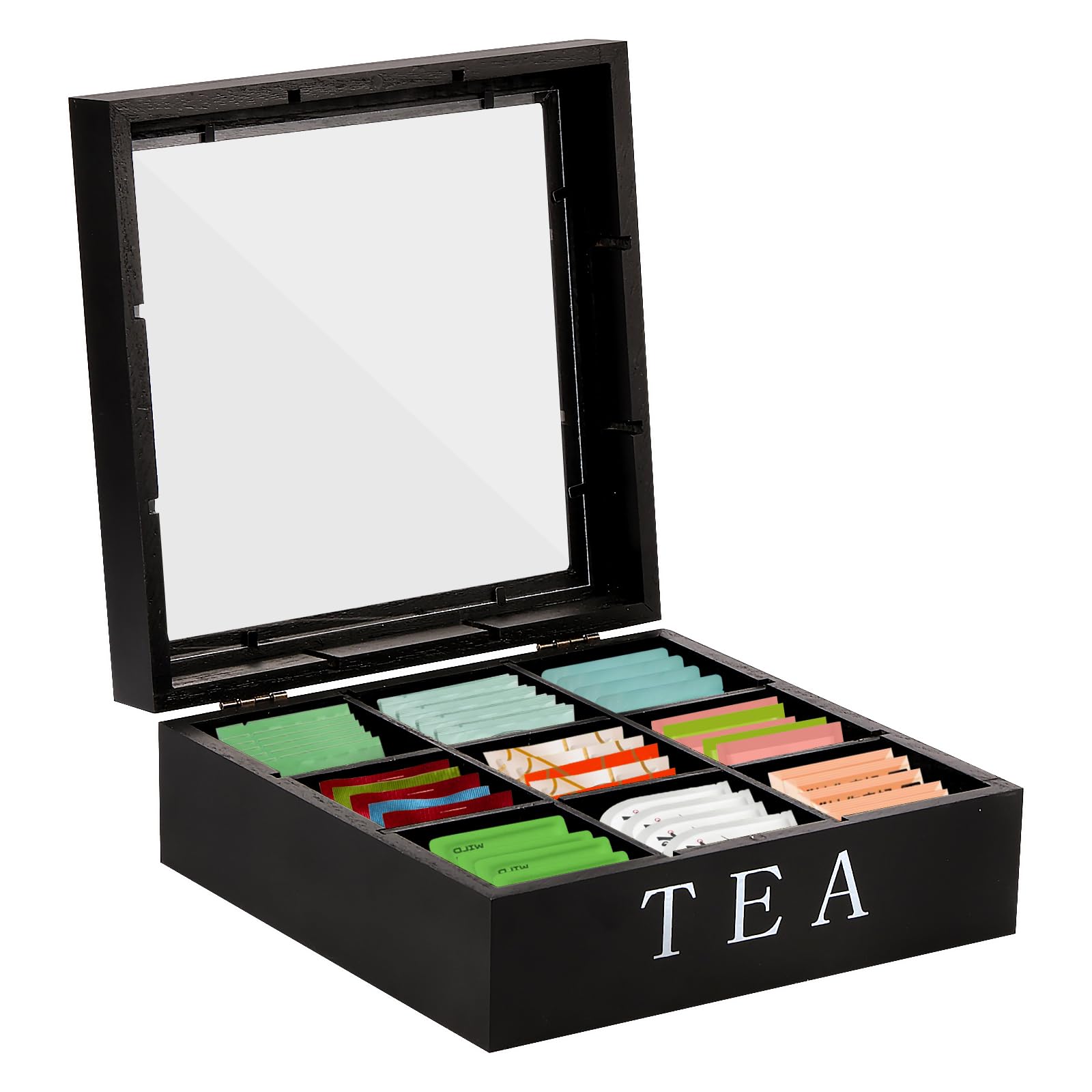 Nihuifdpy Black Tea Bag Holder Wood Tea Box Organizer With Clear Lid 9 Compartments Tea Caddy For Coffee Station, Kitchen Countertops, Cabinets, Sugar Packet, Sweeteners, Small Packets(Black)