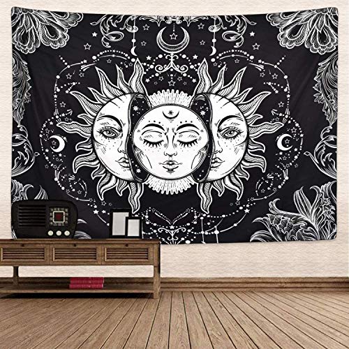 HZAMING Tarot Tapestry Zon en Maan Psychedelisch Wandtapijt Zwart Hemelse Muur Opknoping Wandtapijten Indiase Mandala… - Afbeelding 5