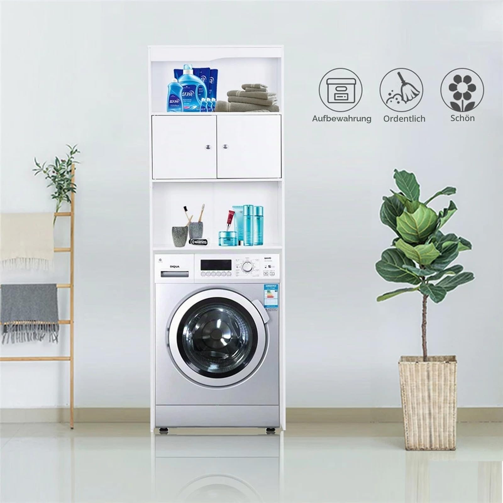 Ease Waschmaschinenschrank, Hochschrank, Toilettenregal mit Schrank, 2 offene Fächer, Verstellbare Ablagen, Badezimmerregal über Waschmaschine/Toilette 62,5 x 19,5 x 178CM