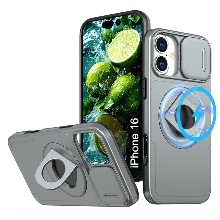 Image of LuxuryKase MagSafe Shockproof Rugged Back Case for iPhone 16 | Finger Ring Kickstand & Sliding Camera Cover | Military Drop Protection | Wireless Charging Support - Grey