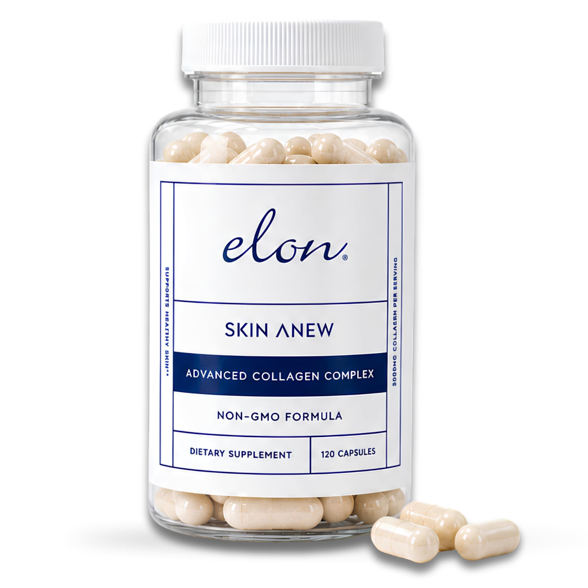 Elon Skin Anew with Hydrolyzed Collagen - 3000 mg Collagen per Serving | Hydrating & Anti Aging Supplement for Vibrant Skin Health (120 Capsules)