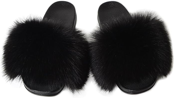 QMFUR Womens Vegan Faux Fur Slippers Fuzzy Slides Fluffy Sandals Open Toe Indoor Outdoor