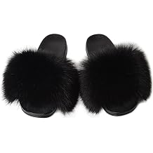 QMFUR Womens Vegan Faux Fur Slippers Fuzzy Slides Fluffy Sandals Open Toe Indoor Outdoor