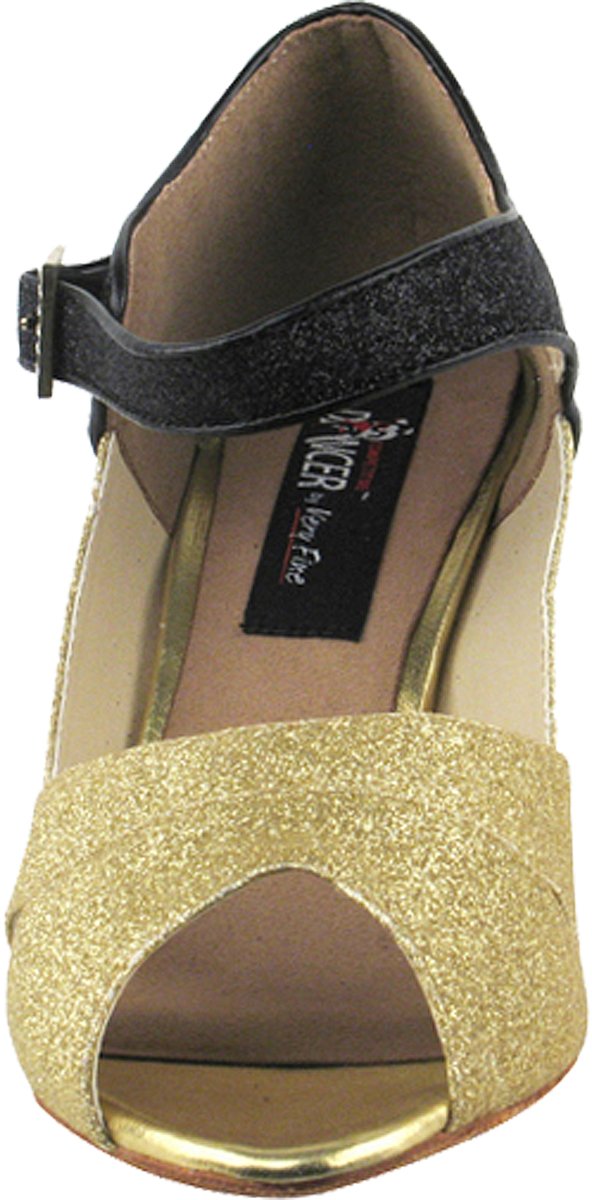 Very Fine Dance Shoes Women's Salsa Ballroom Tango Dance Shoes Style CD3010 Bundle with Plastic Dance Shoe Heel Protectors, Gold Stardust 9 M US Heel 2.5 Inch
