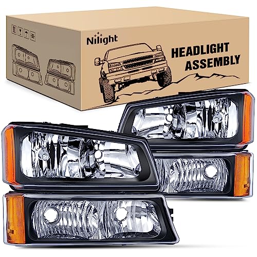 Image of Nilight Headlight Assembly for 2003 2004 2005 2006 Chevy Silverado Avalanche 1500 1500HD 2500 2500HD 3500 Chevrolet Pickup Replacement Headlamp Housing Bumper Lamp Set