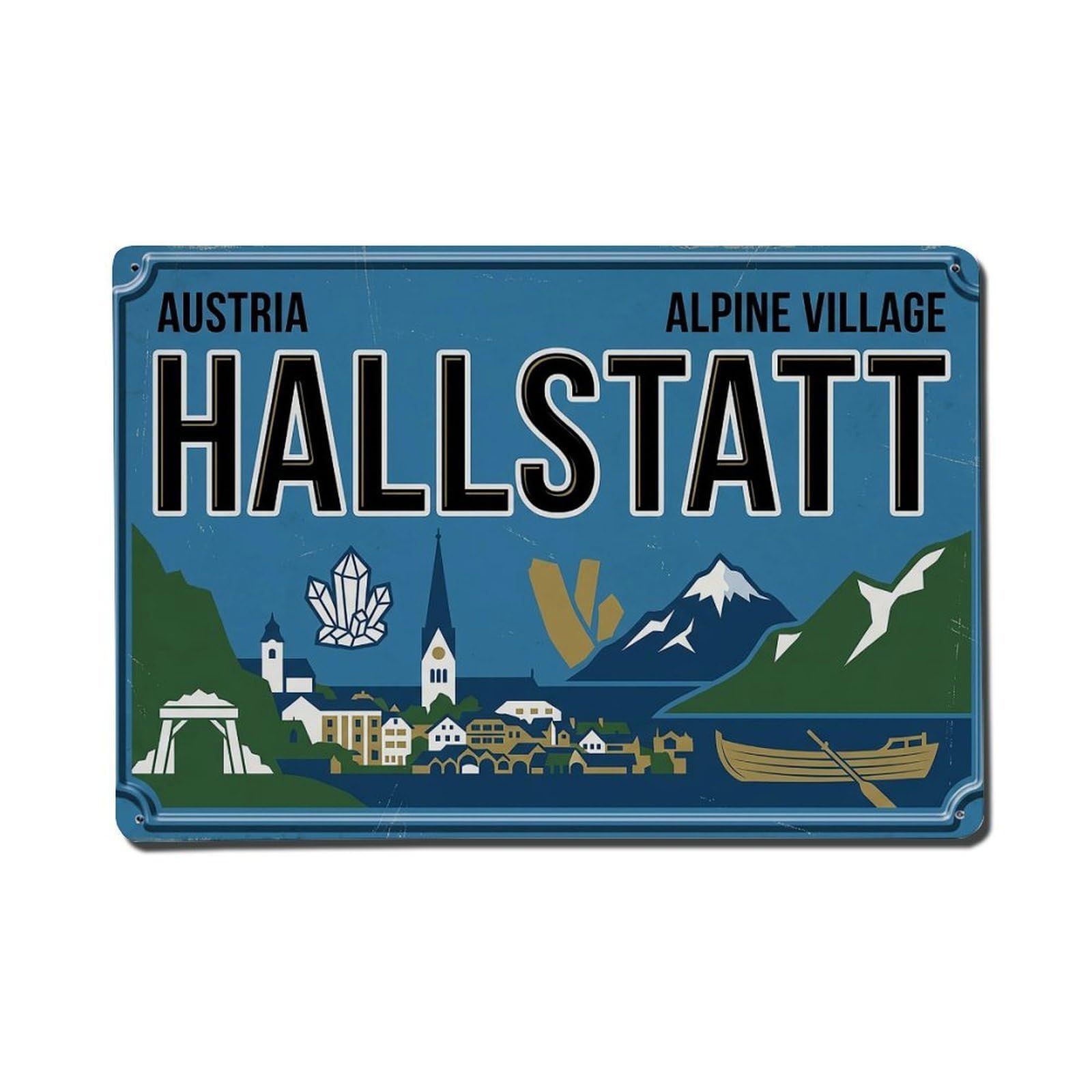 Cwbufd 8X12inch(20X30cm) Vintage Travel Hallstatt Austria Lake Village Metal Tin Sign Plaque Wall Decor For Cafe, Club Bar, Office, Garden Metal Poster 8X12inch