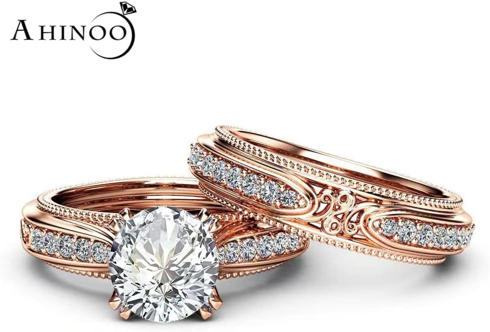 AZQ 925 Sterling Silver Fashion 18k Rose Gold Bride Ring Round Cut Cubic Zirconia Anniversary Promise Rings Set CZ Classic Eternity Engagement Wedding Band Ring for Women - Image 2
