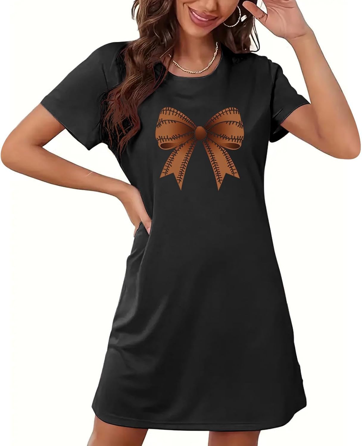 Womens Nightgown Short Sleeve Sleepshirt Cute Bowknot Graphic T-Shirt Dress for Sleepwear Mini Nightdress Pajamas
