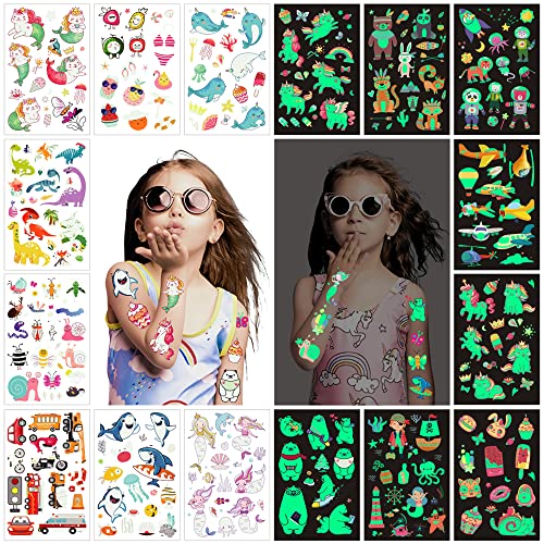 210pcs Glow Temporary Tattoos For Kids,Mixed Styles Glow In The Dark Tattoos,Luminous Tattoo Stickers for Boys and Girls,Unicorn Dinosaur Pirate Mermaid Fake Tattoos Party Supplies Gifts for Children