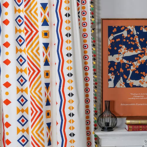 Sutavia Boho Window Curtains Colorful Geometric Semi-Blackout 2 Panels Vintage Tribal Orange For Bedroom Living Room Cotton Linen With Color Bordered Tassel Darkening Rod Pocket Window Drapes  #TOP4