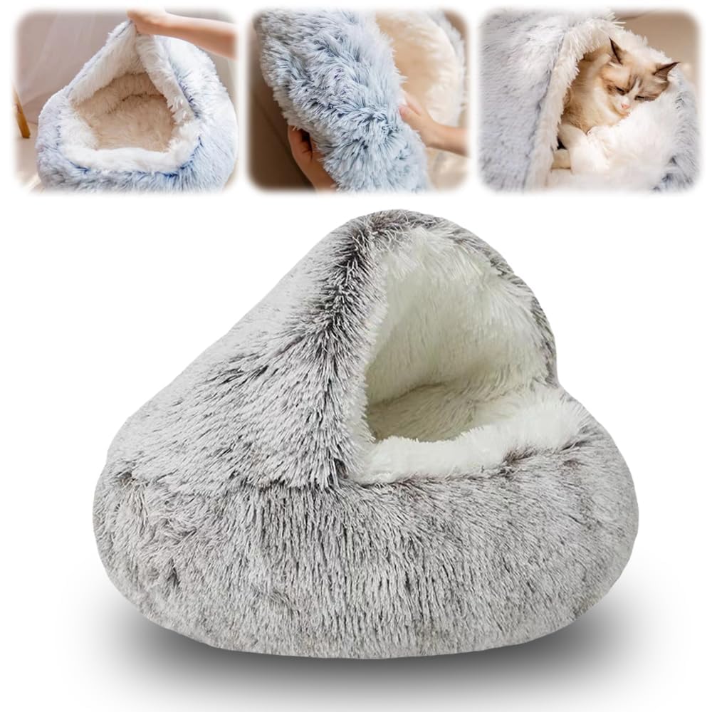 Lit pour chat lavable avec capuche et fond antidérapant pour chaton