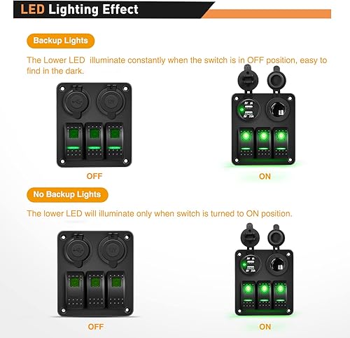 Miniatura 10 de GOOACC Panel de interruptor basculante de 3 bandas con cargador USB y encendedor de puros, interruptor de palanca de 12 V 24 V, interruptor