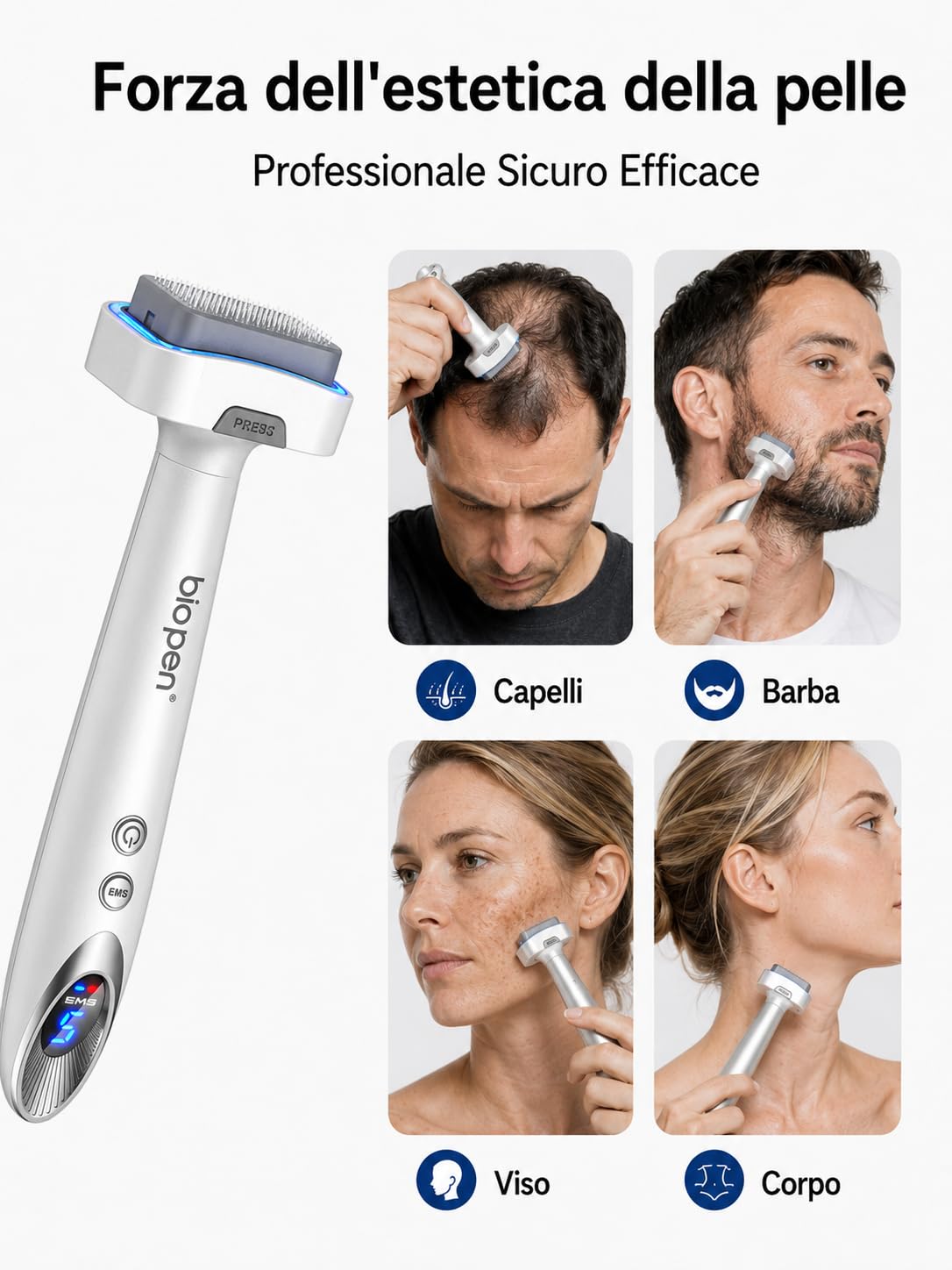 Bio-pen bio6 Derma Stamp Elettrico 4 in 1 Derma Roller Professionale per Anti-Aging, Rassodamento della pelle, Schiarimento, Imperfezioni della pelle, Trattamento della caduta dei capelli sulla testa