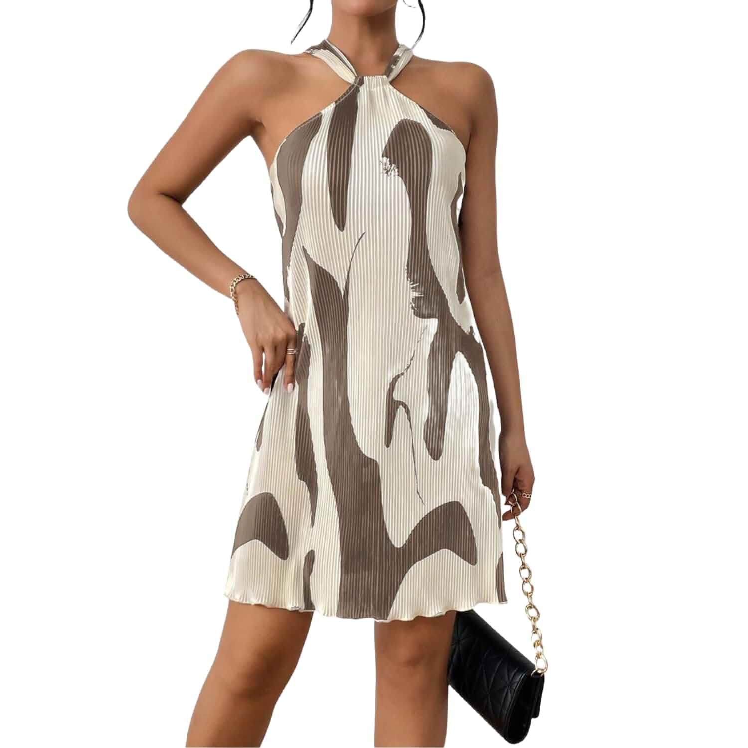 LIGHT DOT Women's Summer Dress Printed Halter Neck Mini Casual Pleated Sundress Party Date Vacation
