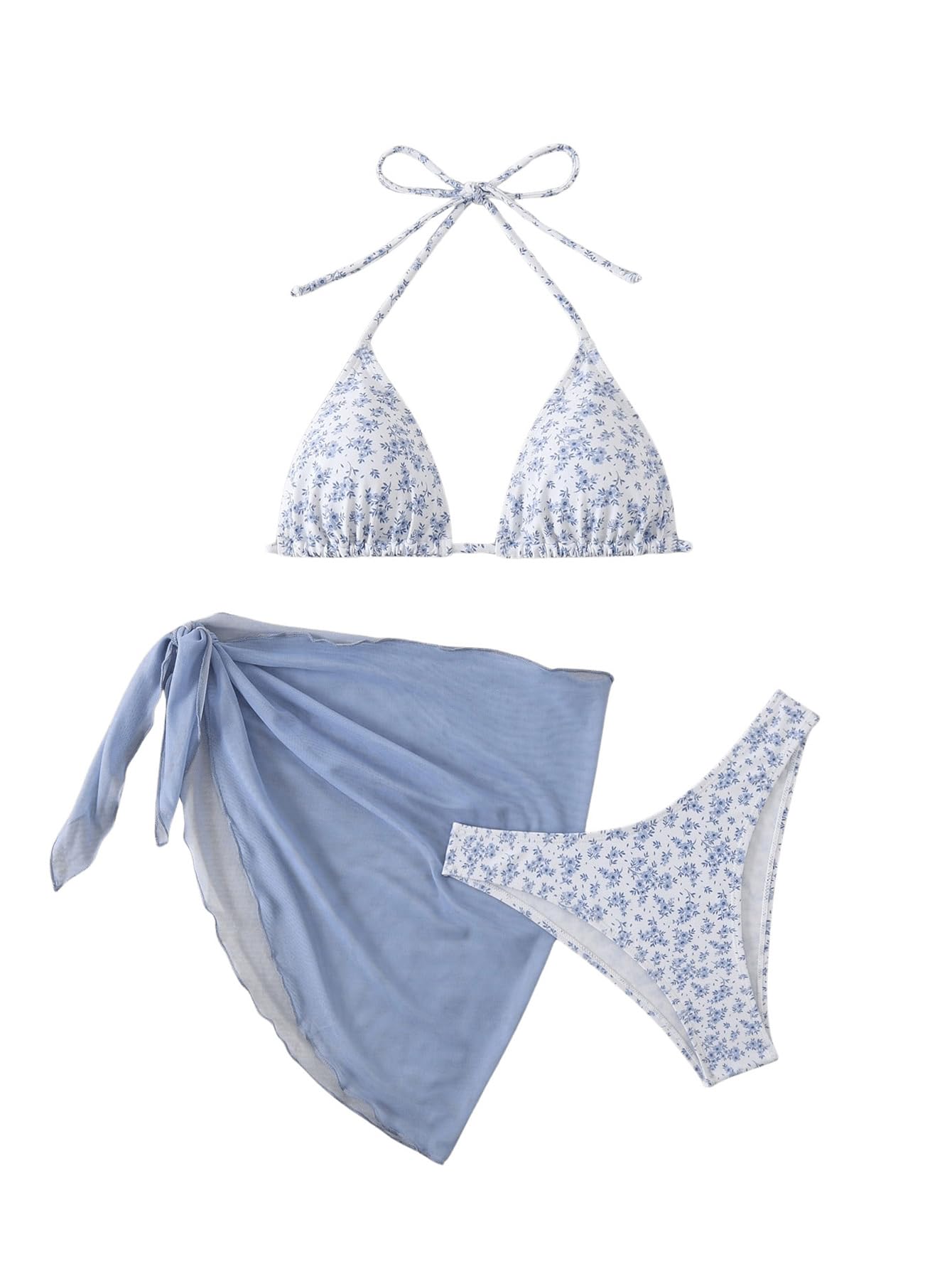 GORGLITTER Damen Bikini Set 3 Teiliger Bikini-Sets mit Blumenmuster Neckholder Badeanzug mit Cover Up Rock Swimsuit Set