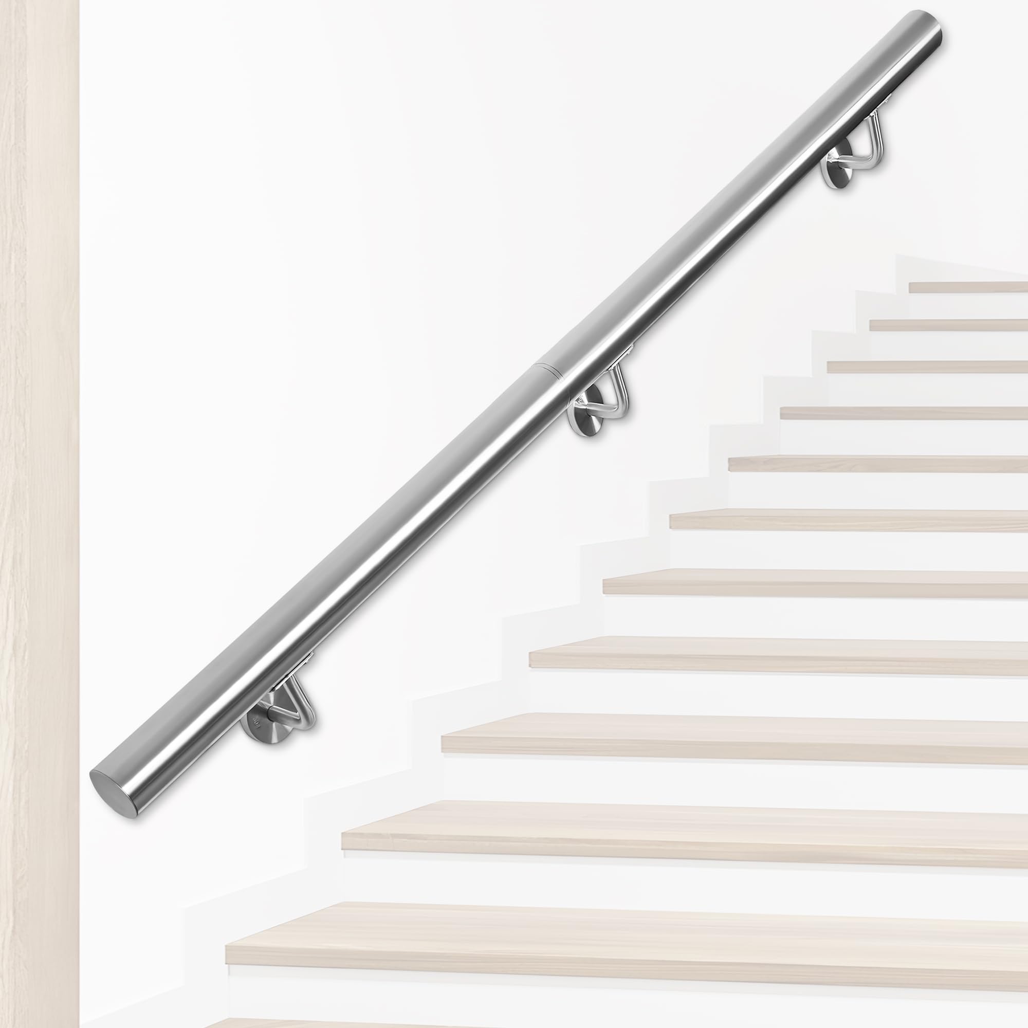 OUUTMEE Stainless Steel Handrail for Stairs – 200CM/6.6FT Wall-Mounted Stair Railing with Brackets, Ø 42 mm Tube Indoor/Outdoor Handrail for Loft, Porch, Garage & Deck