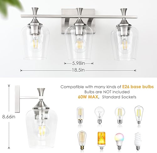 Miniatura 4 de Lámpara de tocador de baño de 3 luces, accesorios de iluminación de baño plateados sobre el espejo, apliques de pared modernos con pantalla de