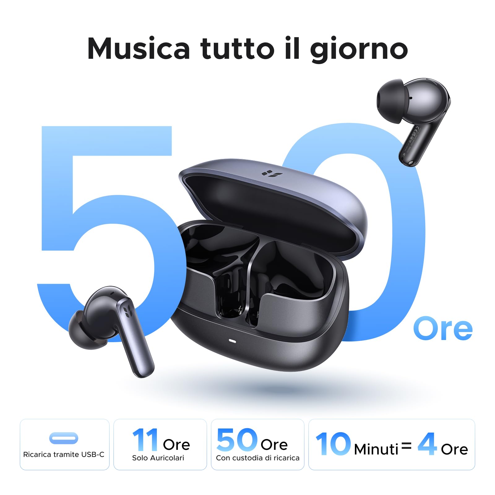 UGREEN EchoBuds Plus Cuffie Bluetooth Auricolari ANC Adattiva 55dB Hi Res | 50 Ore Wireless Auricolari in-ear 55dB 6 Microfoni Audio Spaziale Bluetooth 6.0 IPX5 Compatibili con iPhone Android PC