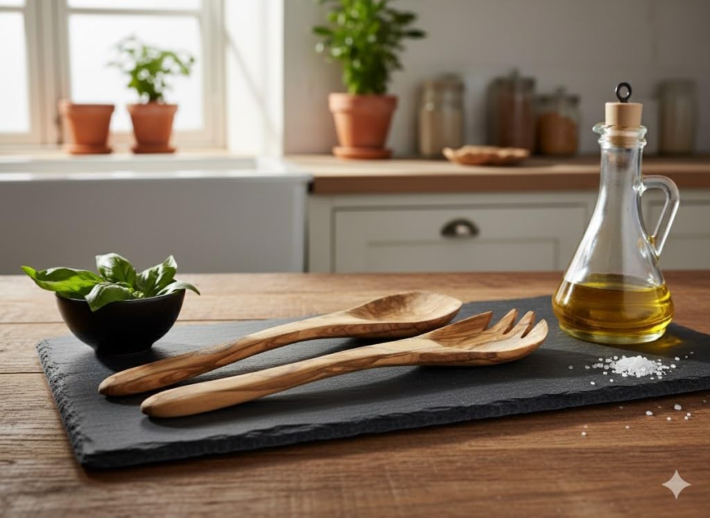 Zuluf Olive Wood Salad Servers Set, 8 Inch Wooden Spoon and Fork for Tossing and Serving, Handcrafted Natural Grain Utensils, Smooth Ergonomic Handle with Hanging Hole (8” 2-Piece