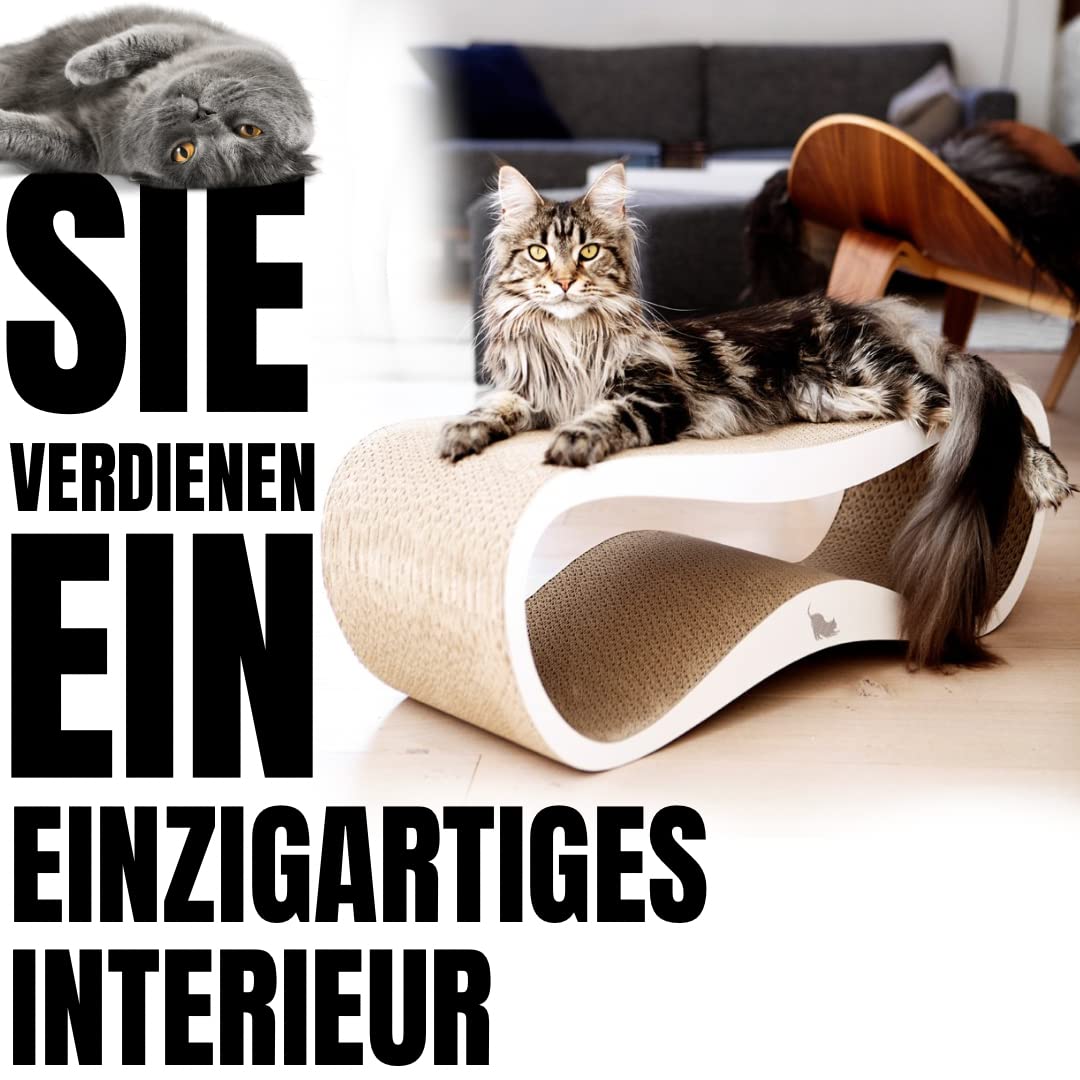 myKotty Design Kratzbank LUI – für natürliche Kratzbedürfnisse & Möbelschutz – Wellpappe Kratzbrett für alle Katzen zum Spielen, Schlafen, Kratzen – sicher & ungiftig – 75x25x26 cm – Weiß