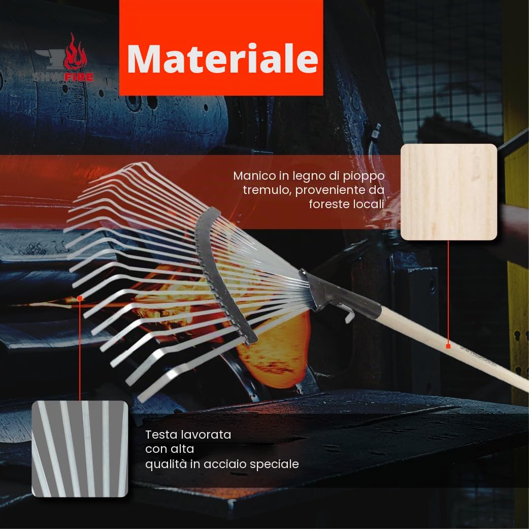 SHW-FIRE 59068 rastrello per foglie professionale, zincata, larghezza regolabile, 22 denti, con manico in legno di frassino, lunghezza di 135 cm, colore argento