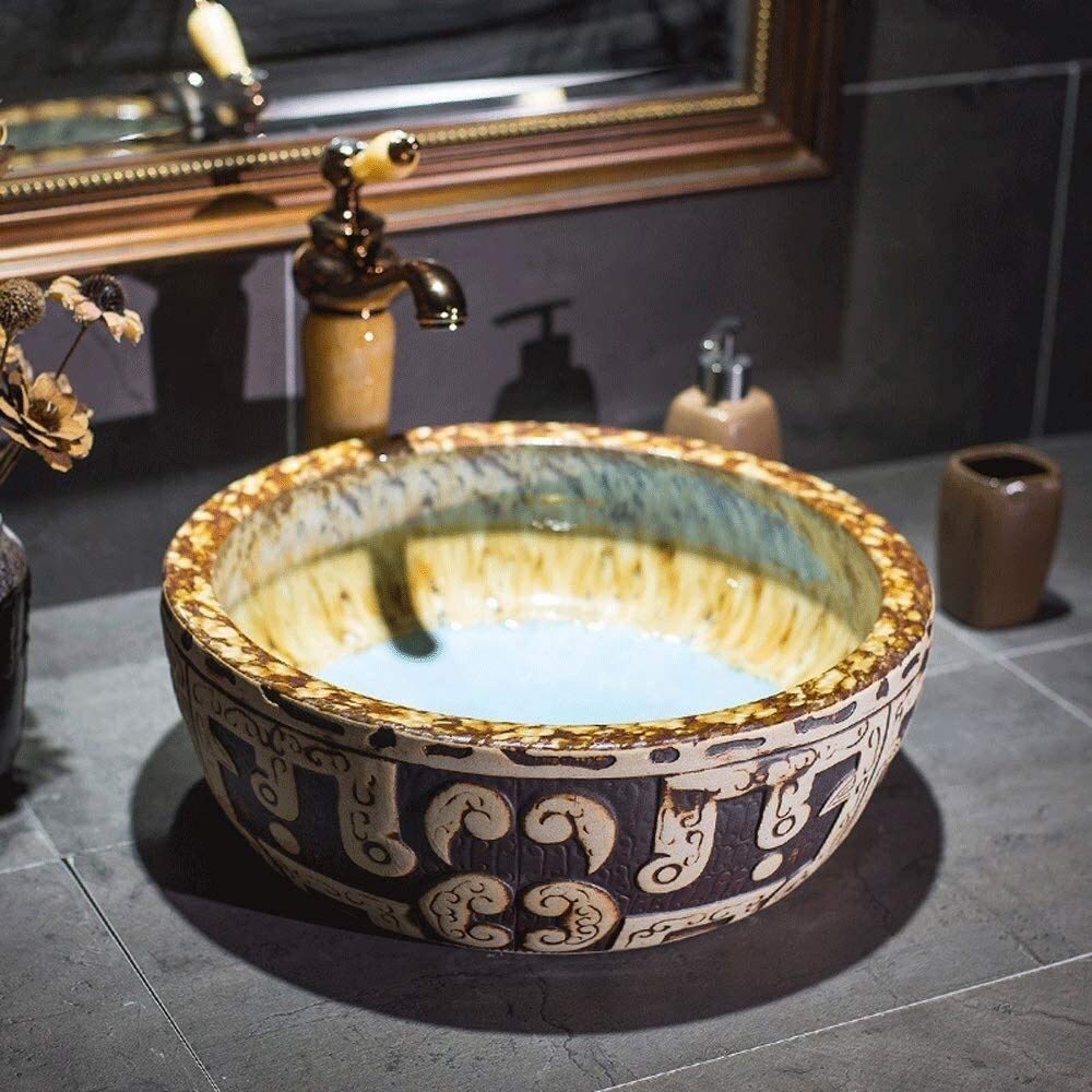 Szafka Pod Umywalkę Z Umywalką, Umywalka Łazienkowa, Umywalka Nablatowa, Okrągła, 16-Calowa Artystyczna Ceramiczna Umywalka Łazienkowa Nablatowa, Porcelanowa Miska Nablat