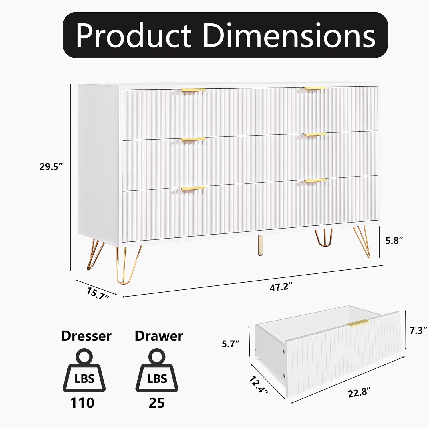 MAISONARIA White Dresser for Bedroom, Modern Dresser with Gold Metal Handles & Chests of Drawers, Wood Chest of Drawers for Bedroom