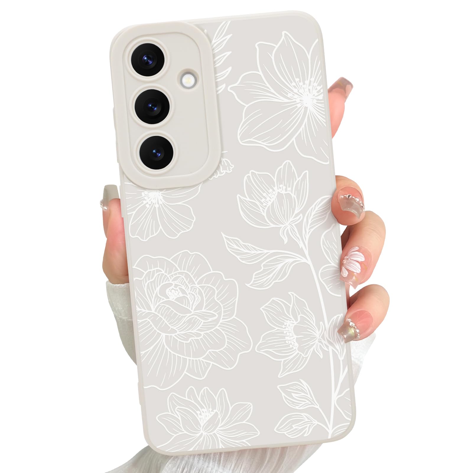 for Samsung Galaxy S24 case Silicone White Floral Lotus Cute Pattern Case，Camera Protection Soft Slim Phone Case for Girls Women - White