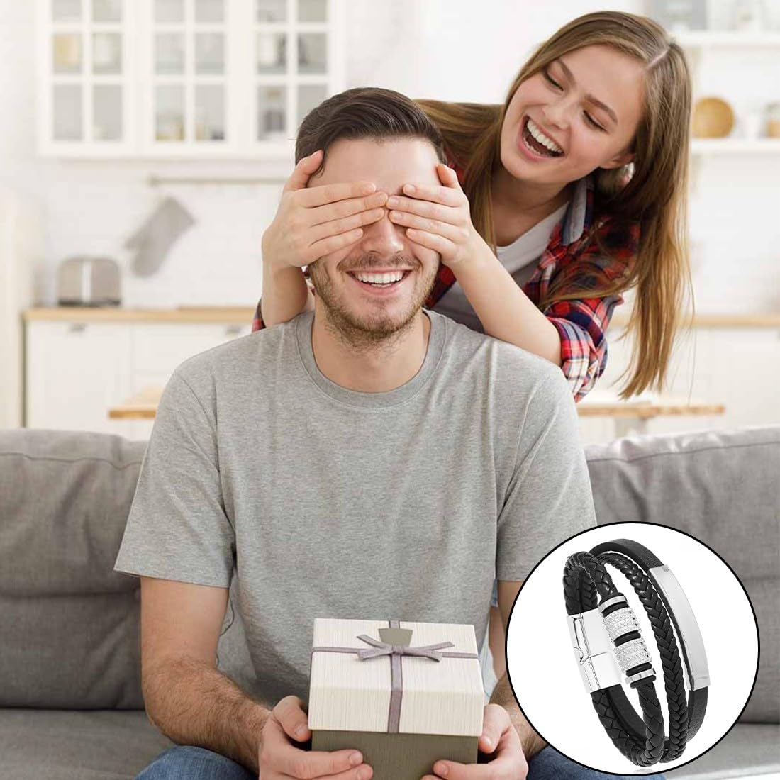 Braccialetto Uomo In Pelle, Bracciale Uomo Personalizzato Nero, Bracciale Uomo Cuoio 21cm, Braccialetti Papà Regalo Uomo Gioielleria, Idea Regalo Per Lui Festa Del Papà Natale Compleanno
