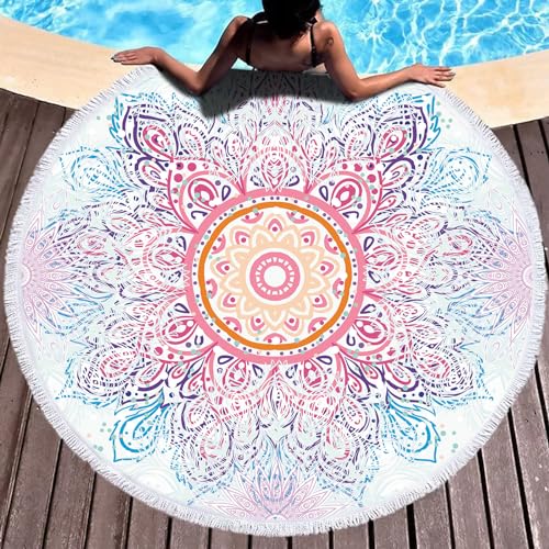 LXTOPN Serviette de Plage, Ronde, Mandala, Serviette de Plage en Microfibre, Taille XXL, Serviette de Bain, Grande Couverture de Plage, Tapis de Yoga,...