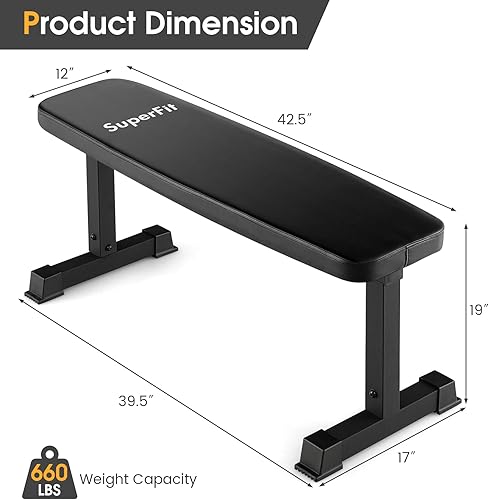 Miniatura 7 de Goplus Banco de peso plano, 660 libras, banco de ejercicios de entrenamiento de fuerza resistente para gimnasio en casa, fácil montaje, banco de