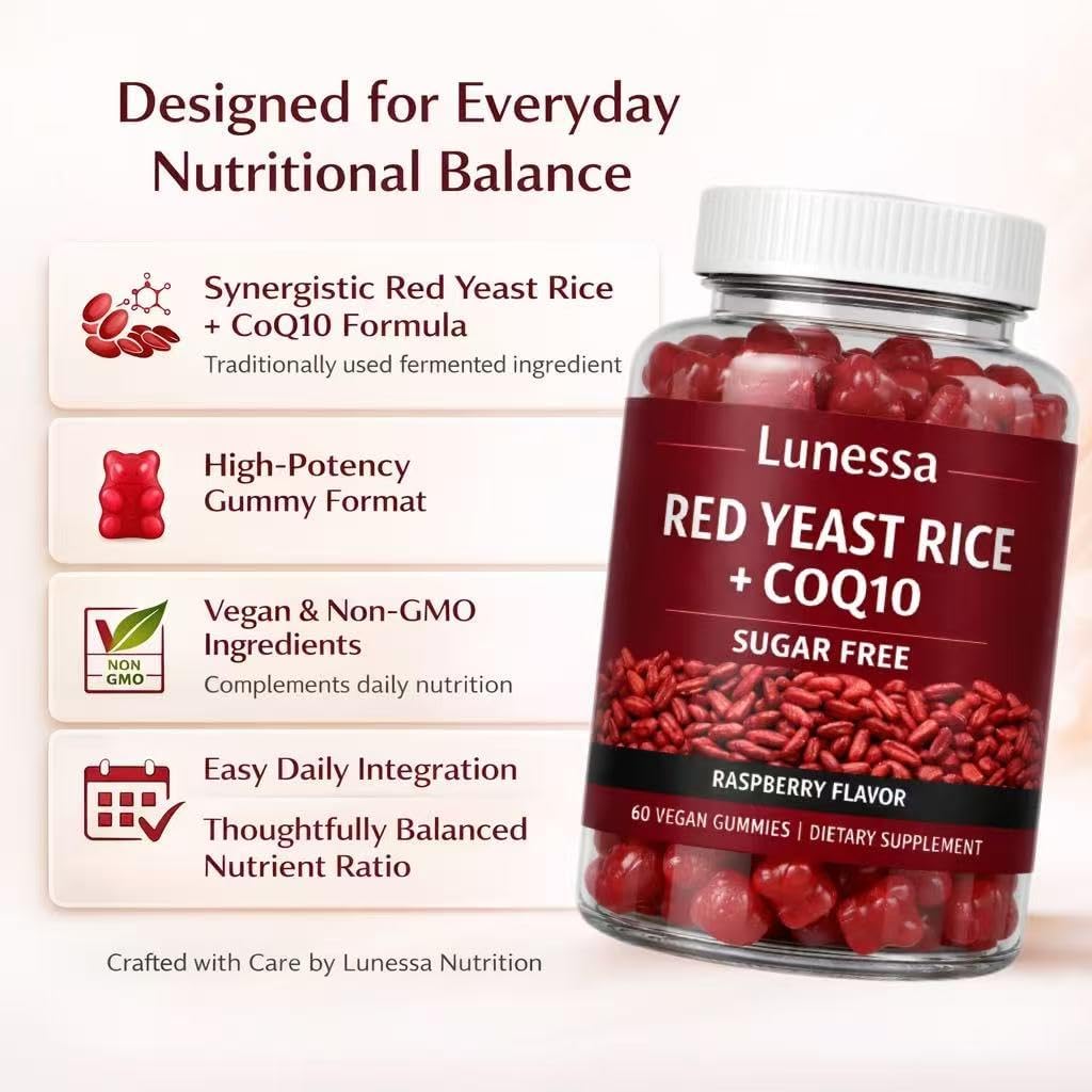 Lunessa Red Yeast Rice, with Red Yeast Rice 2400mg, CoQ10 200mg, Restores Body Vitality & Maintains Healthy Cholesterol Levels for Men & Women, Non-GMO, Vegan, Raspberry Flavor, 60 Gummies (1)